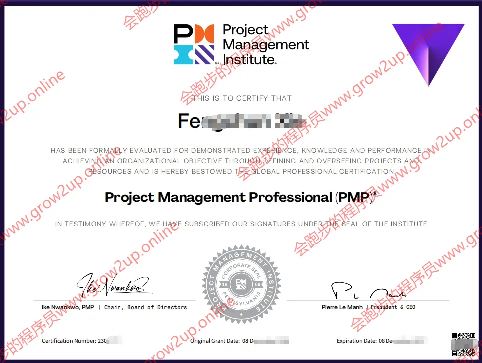 PMP 国际项目管理师证书 - PMI 颁发，脱敏展示